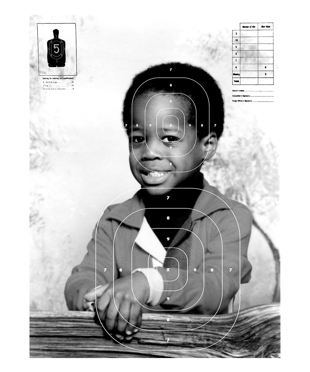 A Black-and-white photograph of a young Black boy with a short afro, smiling at the camera. He’s wearing a turtleneck and a jacket layered over that; his hands clasp each other over a piece of wood. Superimposed over his face and chest are target practice symbols, as if from a gun range.